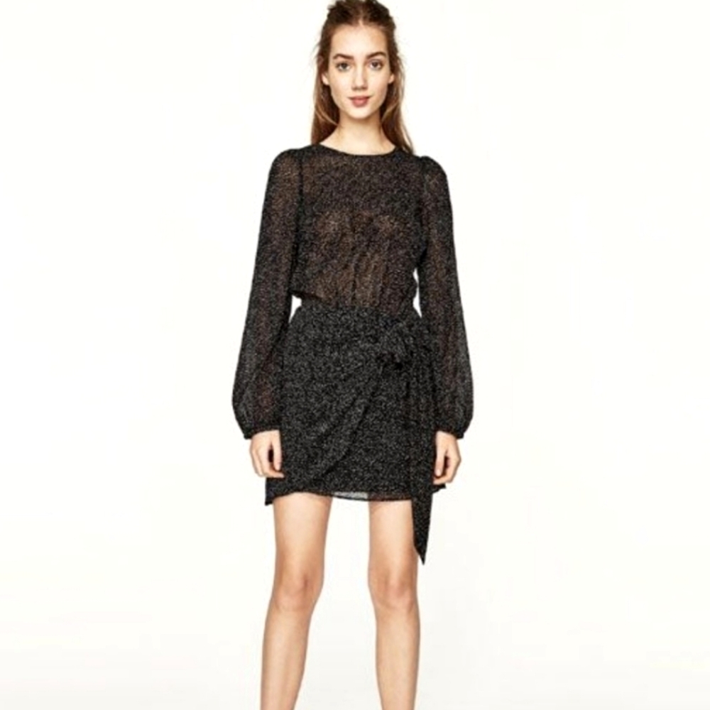 Zara Black Sheer Polka Dot Long Sleeve Wrap Bottom Mini Dress Medium